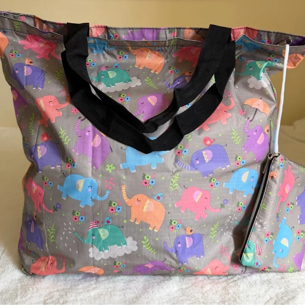 Foldable Multi-Color Elephant Print Tote Bag - Women Bags - Picture 1 of 7
